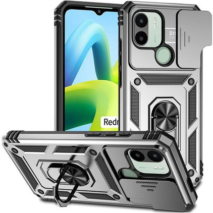 Mobigear Armor Ring Cam Slide Xiaomi Redmi A1 4G Hardcase Backcover Shockproof mit Ringhalter und Kamera-Slider - Silber
