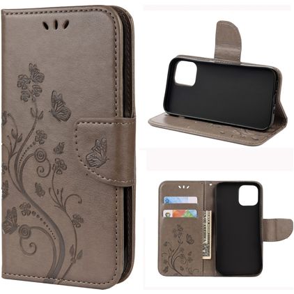 Mobigear Flowers iPhone 12 Hülle Klapphülle Geldbörse - Grau