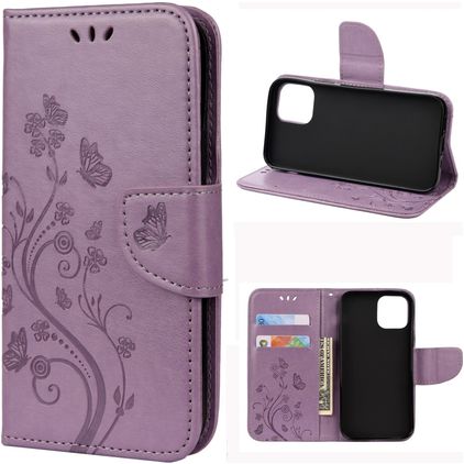 Mobigear Flowers iPhone 12 Pro Hülle Klapphülle Geldbörse - Lila