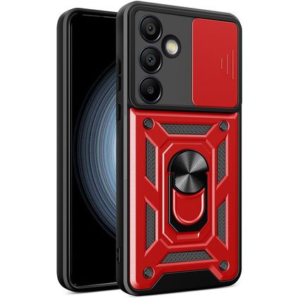 Mobigear Armor Ring Cam Slide Samsung Galaxy S24 FE Hardcase Backcover Shockproof mit Ringhalter und Kamera-Slider - Rot
