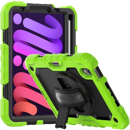 Mobigear SureGrip Xtreme iPad Mini 6 (2021) Hülle Kunststoff,Silikon Backcover + Stifthalter + Schulterträger + Ständer - Schwarz / Grün