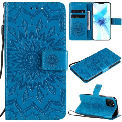Mobigear Sunflower iPhone 12 Hülle Klapphülle Geldbörse - Blau
