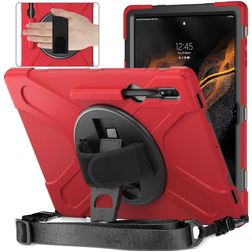 Mobigear SureGrip XGuard Samsung Galaxy Tab S8 Ultra Hülle Kunststoff,Silikon Backcover + Stifthalter + Schulterträger + Ständer - Rot