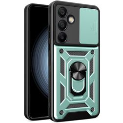 Mobigear Armor Ring Cam Slide Samsung Galaxy S24 FE Hülle Hardcase Backcover Stoßfest mit Ringhalter und Kamera Slider - Grün