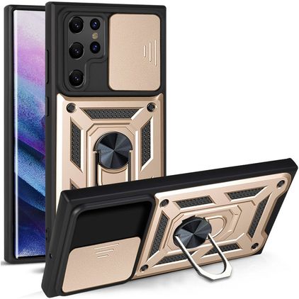 Mobigear Armor Ring Cam Slide Samsung Galaxy S22 Ultra Hülle Hardcase Backcover Stoßfest mit Ringhalter - Gold