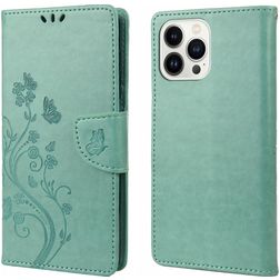 Mobigear Flowers iPhone 14 Pro Hülle Klapphülle Geldbörse - Grün