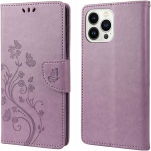 Mobigear Flowers iPhone 14 Pro Hülle Klapphülle Geldbörse - Lila