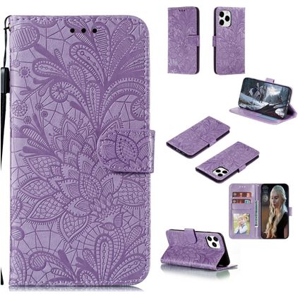 Mobigear Flowers iPhone 12 Hülle Klapphülle Geldbörse - Lila