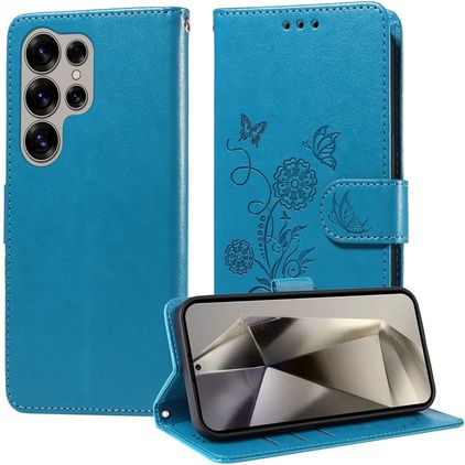 Mobigear Flowers Samsung Galaxy S25 Ultra Hülle Klapphülle Geldbörse - Blau