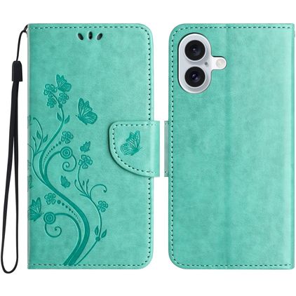 Mobigear Flowers iPhone 16 Hülle Klapphülle Geldbörse - Grün