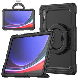 Mobigear RingGuard Samsung Galaxy Tab S10 Ultra Hülle Kunststoff,Silikon Backcover + Stifthalter + Schulterträger + Ständer - Schwarz