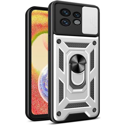 Mobigear Armor Ring Cam Slide Motorola Edge 40 Pro Hülle Hardcase Backcover Stoßfest mit Ringhalter und Kamera Slider - Silber