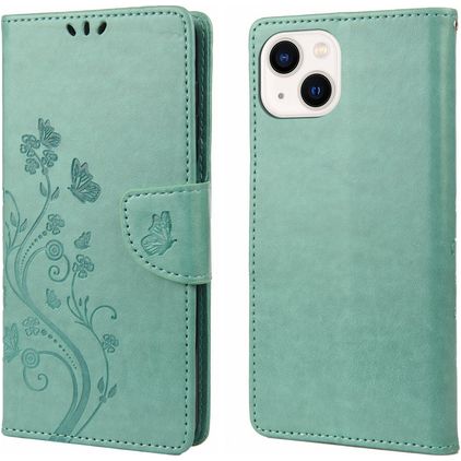 Mobigear Flowers iPhone 14 Plus Hülle Klapphülle Geldbörse - Grün