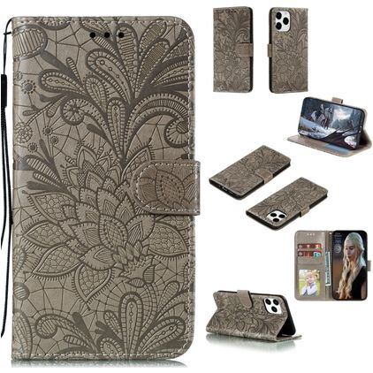 Mobigear Flowers iPhone 12 Pro Hülle Klapphülle Geldbörse - Grau