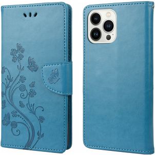 Mobigear Flowers iPhone 14 Pro Hülle Klapphülle Geldbörse - Blau