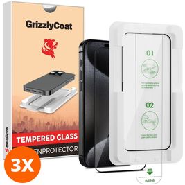 GrizzlyCoat AlignPro iPhone 15 Pro Panzerglas Gehärtetes Glas Displayschutz - Hüllenfreundlich + Applikator - Schwarz (3er Pack)