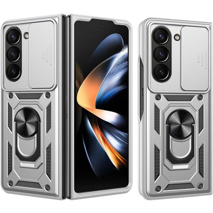 Mobigear Armor Ring Cam Slide Samsung Galaxy Z Fold 7 Hülle Hardcase Backcover Stoßfest mit Ringhalter und Kamera Slider - Silber