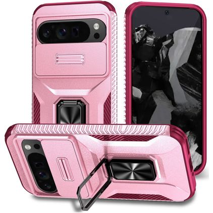 Mobigear Armor Ring Cam Slide Google Pixel 9 Pro XL Hardcase Backcover Shockproof mit Ringhalter und Kamera-Slider - Pink