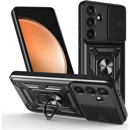 Mobigear Armor Ring Cam Slide Samsung Galaxy S25 FE Hülle Hardcase Backcover Stoßfest mit Ringhalter und Kamera Slider - Schwarz