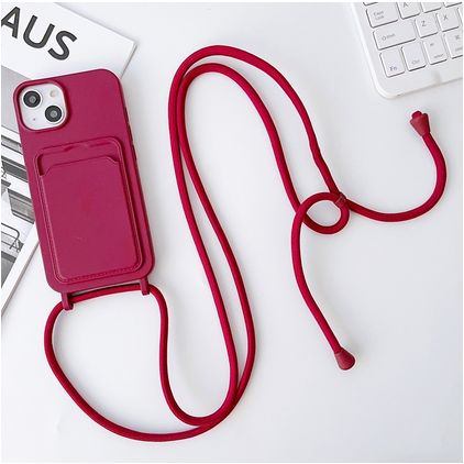 Mobigear Lanyard Card iPhone 15 Silikon Handykette mit Kartenhalter - Weinrot