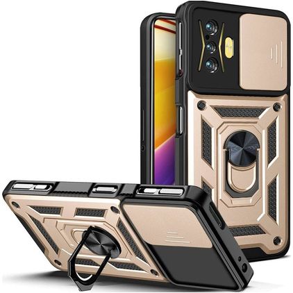 Mobigear Armor Ring Cam Slide POCO F4 GT Hardcase Backcover Shockproof mit Ringhalter und Kamera-Slider - Gold