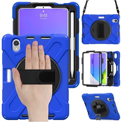Mobigear SureGrip XGuard iPad Mini 7 (2024) Hülle Kunststoff,Silikon Backcover + Stifthalter + Schulterträger + Ständer - Blau