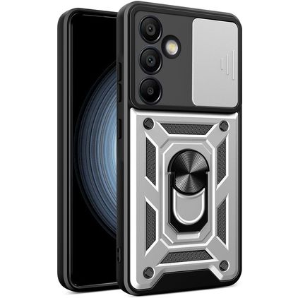 Mobigear Armor Ring Cam Slide Samsung Galaxy S24 FE Hülle Hardcase Backcover Stoßfest mit Ringhalter und Kamera Slider - Silber