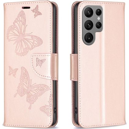 Mobigear Butterfly Samsung Galaxy S23 Ultra Hülle Klapphülle Geldbörse - Roségold