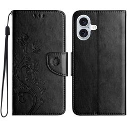 Mobigear Flowers iPhone 16 Hülle Klapphülle Geldbörse - Schwarz