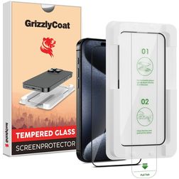 GrizzlyCoat AlignPro iPhone 15 Panzerglas Gehärtetes Glas Displayschutz - Hüllenfreundlich + Applikator - Schwarz