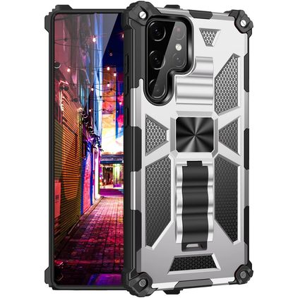 Mobigear Armor Stand Samsung Galaxy S22 Ultra Hülle Hardcase Backcover Stoßfest mit Ständer - Silber