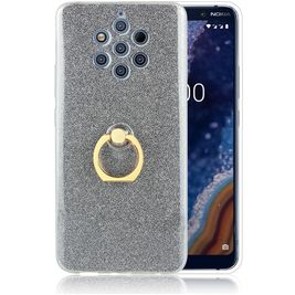 Mobigear Glitter Ring Nokia 9 PureView Hülle Flexibles TPU Backcover mit Ringhalter - Grau