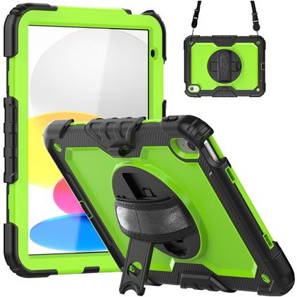 Mobigear SureGrip Xtreme iPad 10 (2022) Hülle Kunststoff,Silikon Backcover + Schulterträger + Ständer - Schwarz / Grün