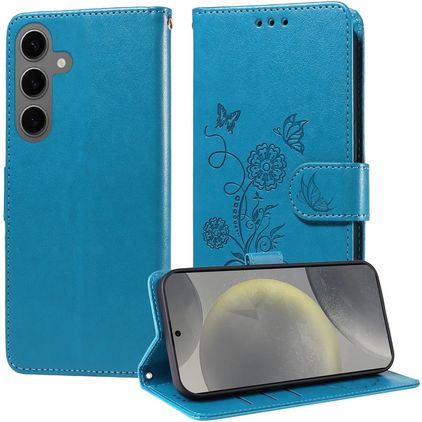 Mobigear Flowers Samsung Galaxy S25 Hülle Klapphülle Geldbörse - Blau