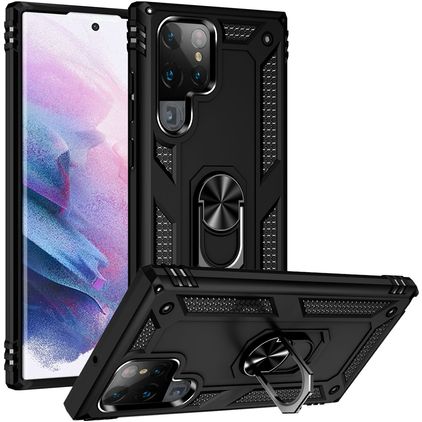 Mobigear Armor Ring Samsung Galaxy S22 Ultra Hülle Hardcase Backcover Stoßfest mit Ringhalter - Schwarz