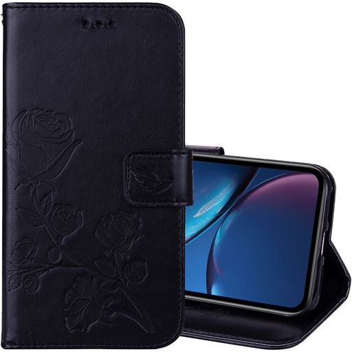 Mobigear Roses iPhone XR Hülle Klapphülle Geldbörse - Schwarz
