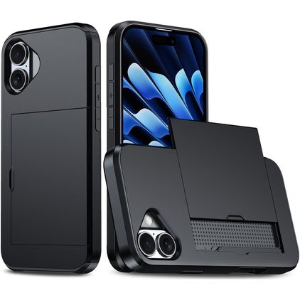Mobigear Card iPhone 16 Plus Hülle Hardcase Backcover Stoßfest mit Kartenhalter - Schwarz