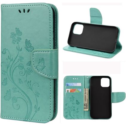 Mobigear Flowers iPhone 12 Mini Hülle Klapphülle Geldbörse - Türkis