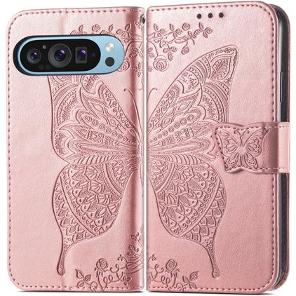 Mobigear Butterfly Google Pixel 9 Hülle Klapphülle Geldbörse - Roségold