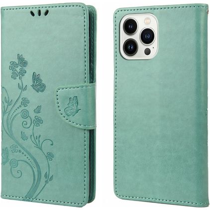 Mobigear Flowers iPhone 14 Pro Hülle Klapphülle Geldbörse - Grün