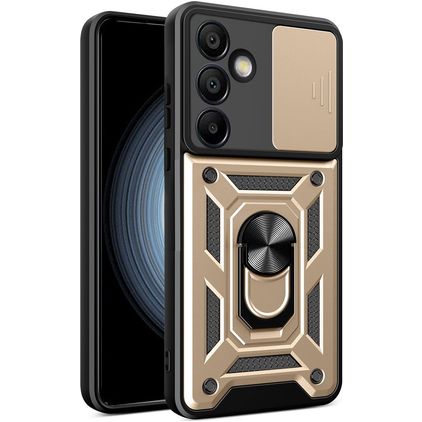 Mobigear Armor Ring Cam Slide Samsung Galaxy S24 FE Hülle Hardcase Backcover Stoßfest mit Ringhalter und Kamera Slider - Gold