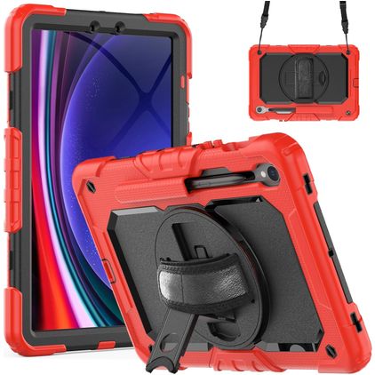 Mobigear SureGrip Xtreme Samsung Galaxy Tab S9 FE Hülle Kunststoff,Silikon Backcover + Stifthalter + Schulterträger + Ständer - Rot