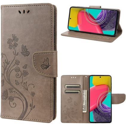 Mobigear Flowers Samsung Galaxy M53 Hülle Klapphülle Geldbörse - Grau