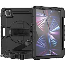 Mobigear SureGrip Xtreme iPad Pro 11 Zoll (2025) Hülle Kunststoff,Silikon Backcover + Stifthalter + Schulterträger + Ständer - Schwarz