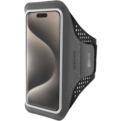 Mobiparts Comfort Fit Handyhalterung Joggen iPhone 15 Pro Sporthülle Neopren Sportarmband - Schwarz