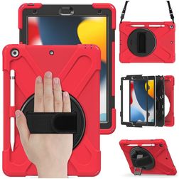 Mobigear SureGrip XGuard iPad 7 (2019) Stoßfeste Hardcase Hülle + Stifthalter + Schulterträger + Ständer - Rot