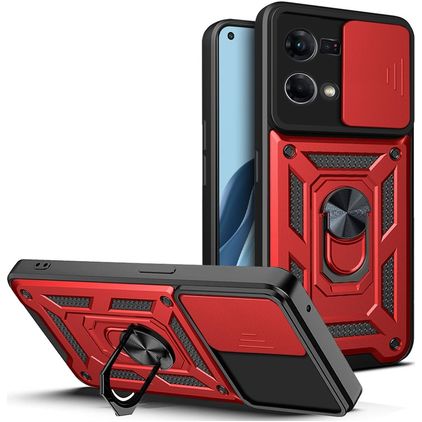 Mobigear Armor Ring Cam Slide OPPO Reno 7 4G Hardcase Backcover Shockproof mit Ringhalter und Kamera-Slider - Rot