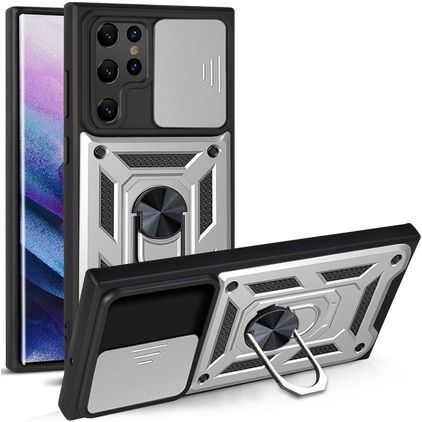 Mobigear Armor Ring Cam Slide Samsung Galaxy S22 Ultra Hülle Hardcase Backcover Stoßfest mit Ringhalter - Silber