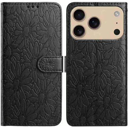Mobigear Flowers iPhone 17 Pro Max Hülle Klapphülle Geldbörse - Schwarz
