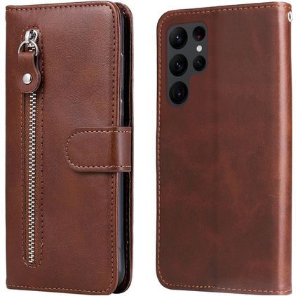 Mobigear Zipper Samsung Galaxy S23 Ultra Hülle Klapphülle Geldbörse - Braun